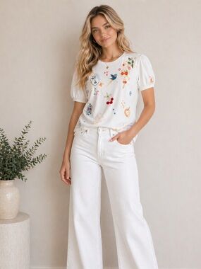 Johnny Was Cleo Short Puff Sleeve Tee Embroidered Top Size Medium White